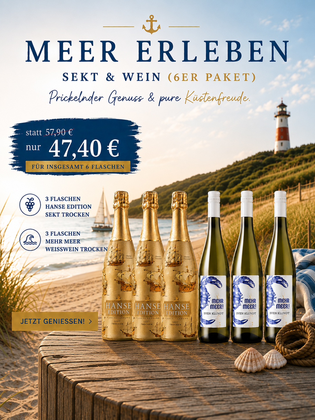 Bild:  Abbildung zeigt das Produkt "Meer erleben" Sekt & Wein (6er Paket)